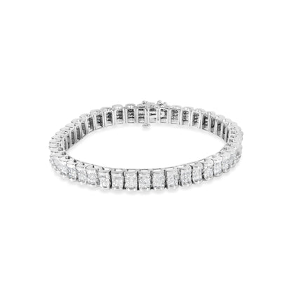 White metal bracelet with rectangular sections set with clusters of white gemstones in an invisible setting, shown from a top-front angle on a white background.