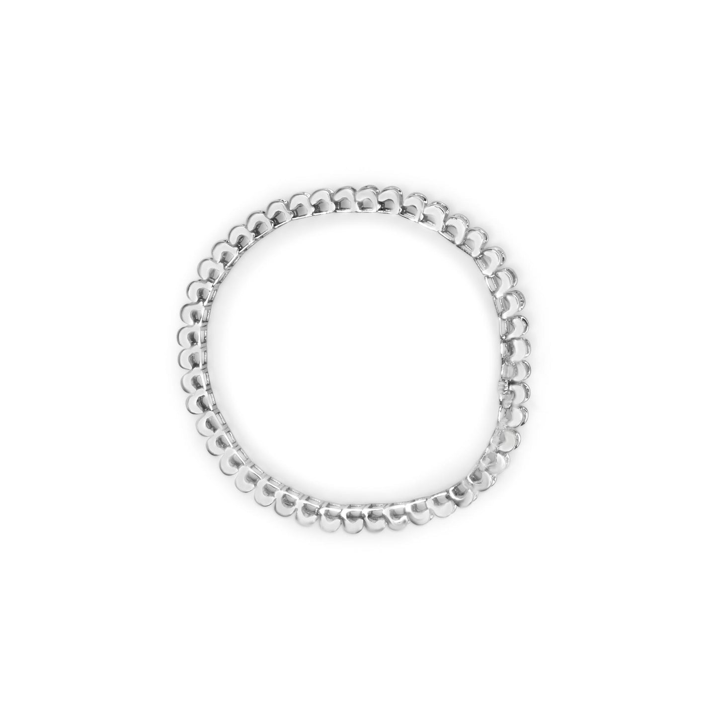 Top-down view of a white metal bracelet with princess-shaped white gemstones in an invisible setting arranged in a continuous circle.