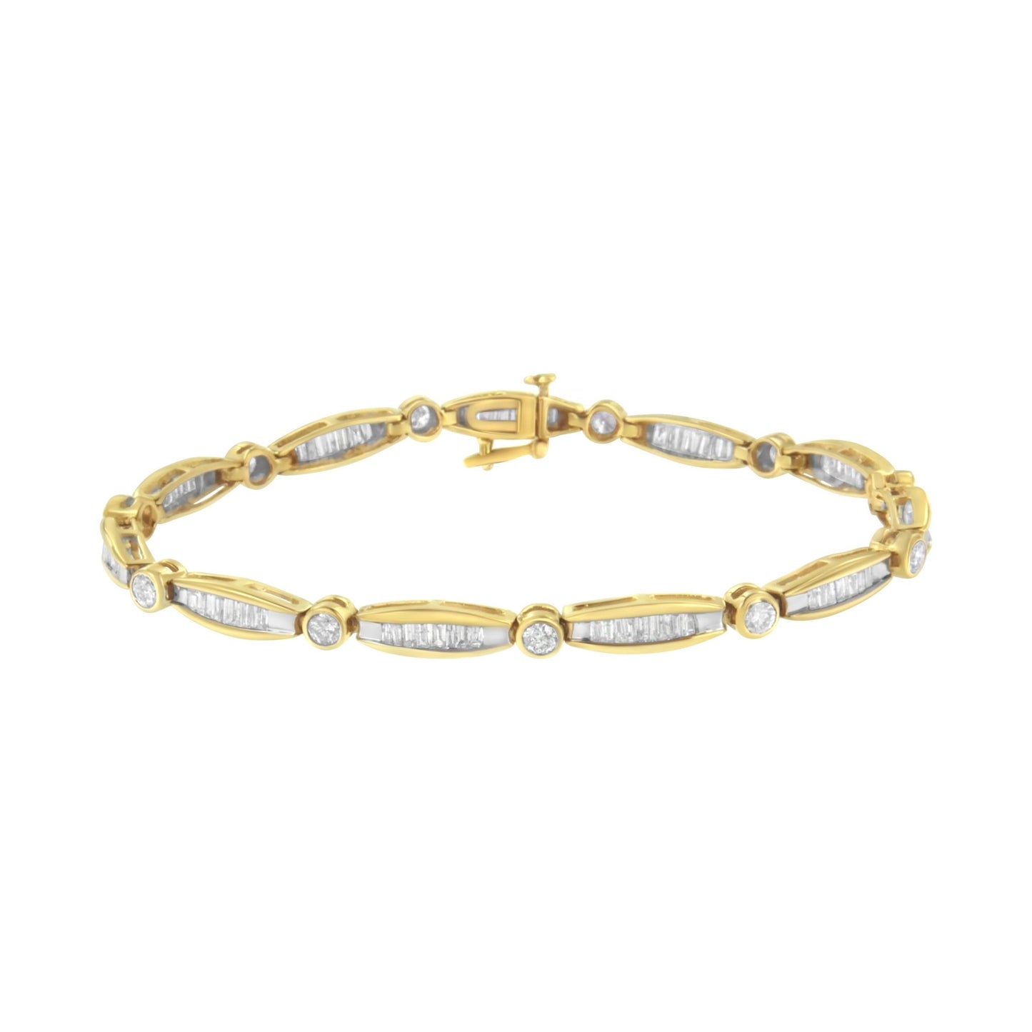 Yellow bracelet with alternating bezel-set round white gemstones and channel-set baguette white gemstones, shown in a flat lay front angle.
