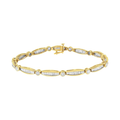 Yellow bracelet with alternating bezel-set round white gemstones and channel-set baguette white gemstones, shown in a flat lay front angle.