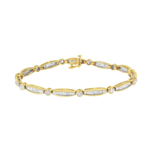 Yellow bracelet with alternating bezel-set round white gemstones and channel-set baguette white gemstones, shown in a flat lay front angle.