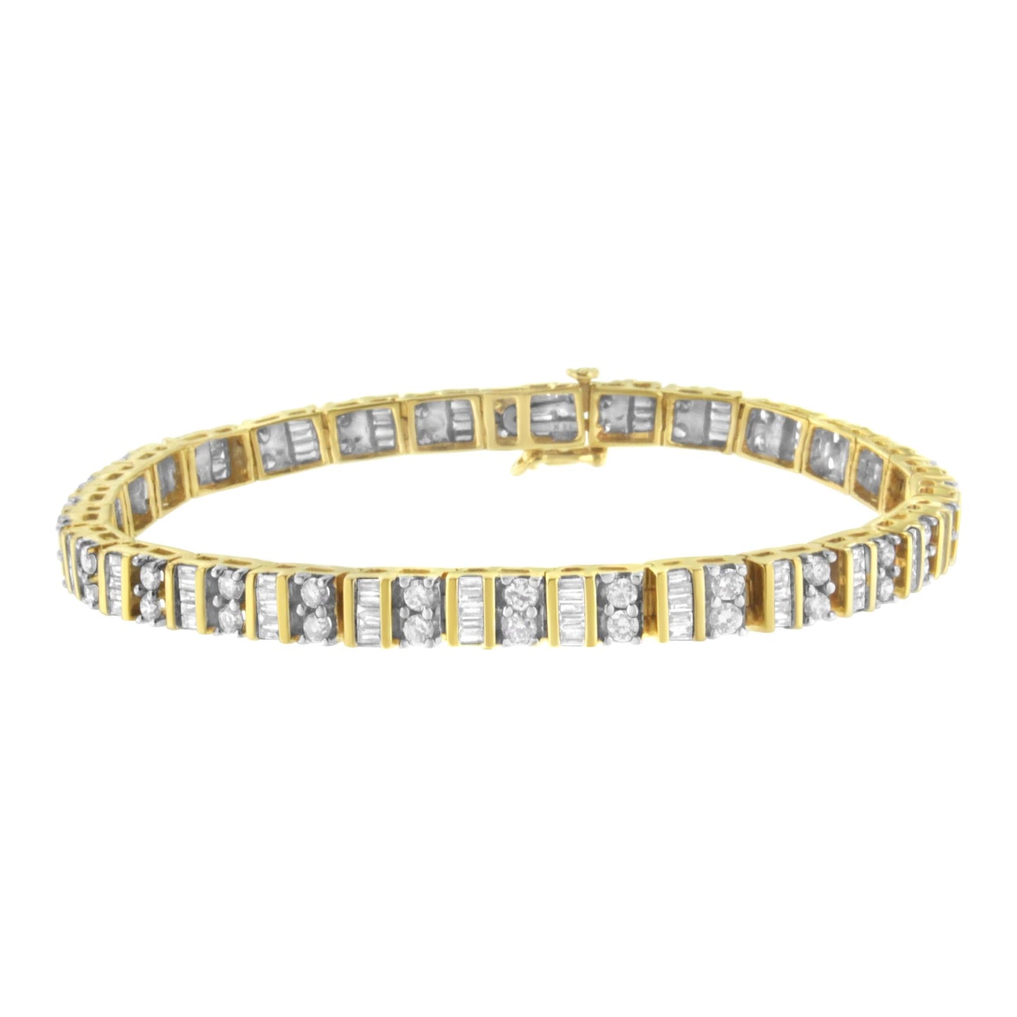 Yellow metal bracelet with alternating segments of round prong-set white gemstones and baguette channel-set white gemstones, shown in a front angle view.