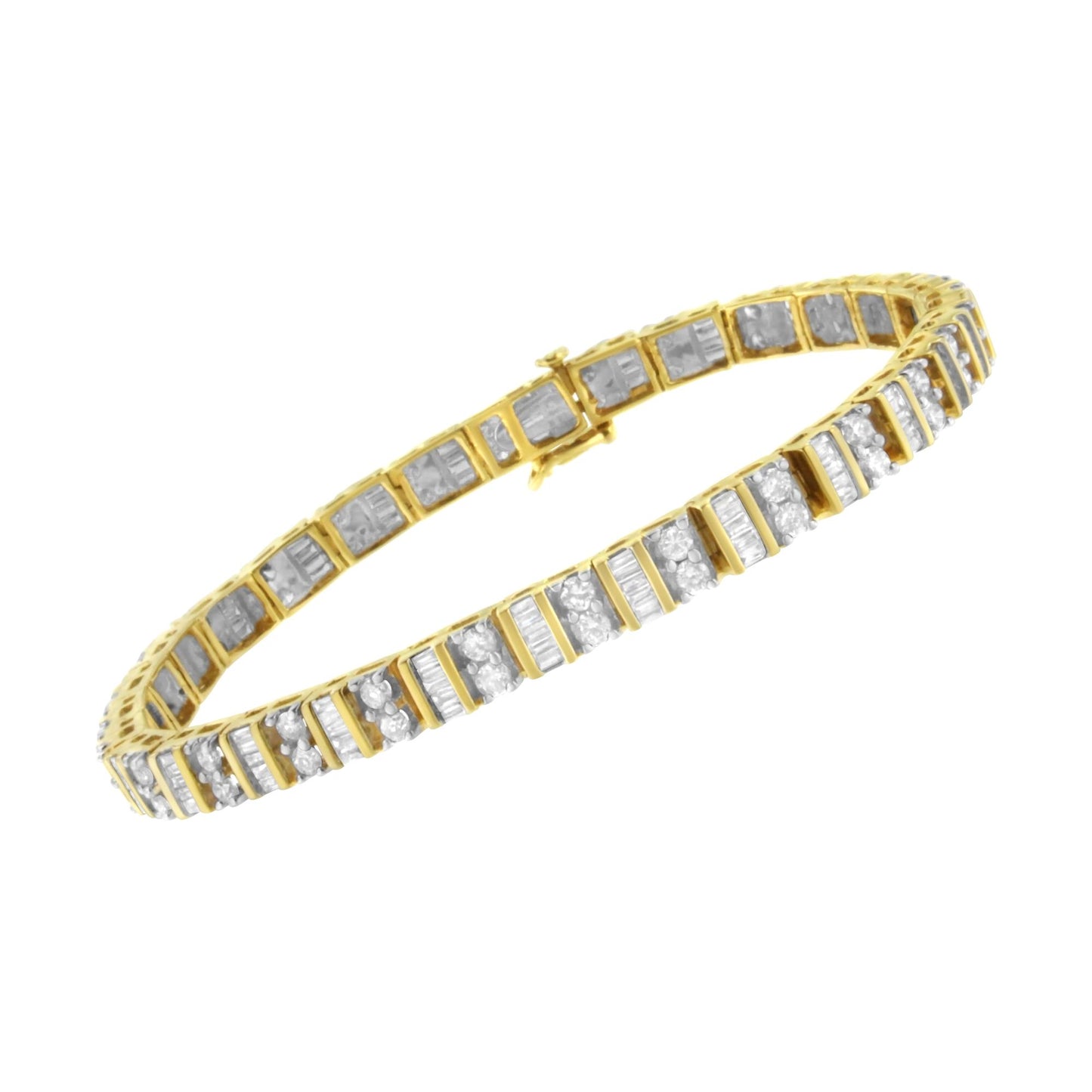 Angled close-up of a yellow metal bracelet featuring alternating sections of white round prong-set gemstones and white baguette channel-set gemstones.