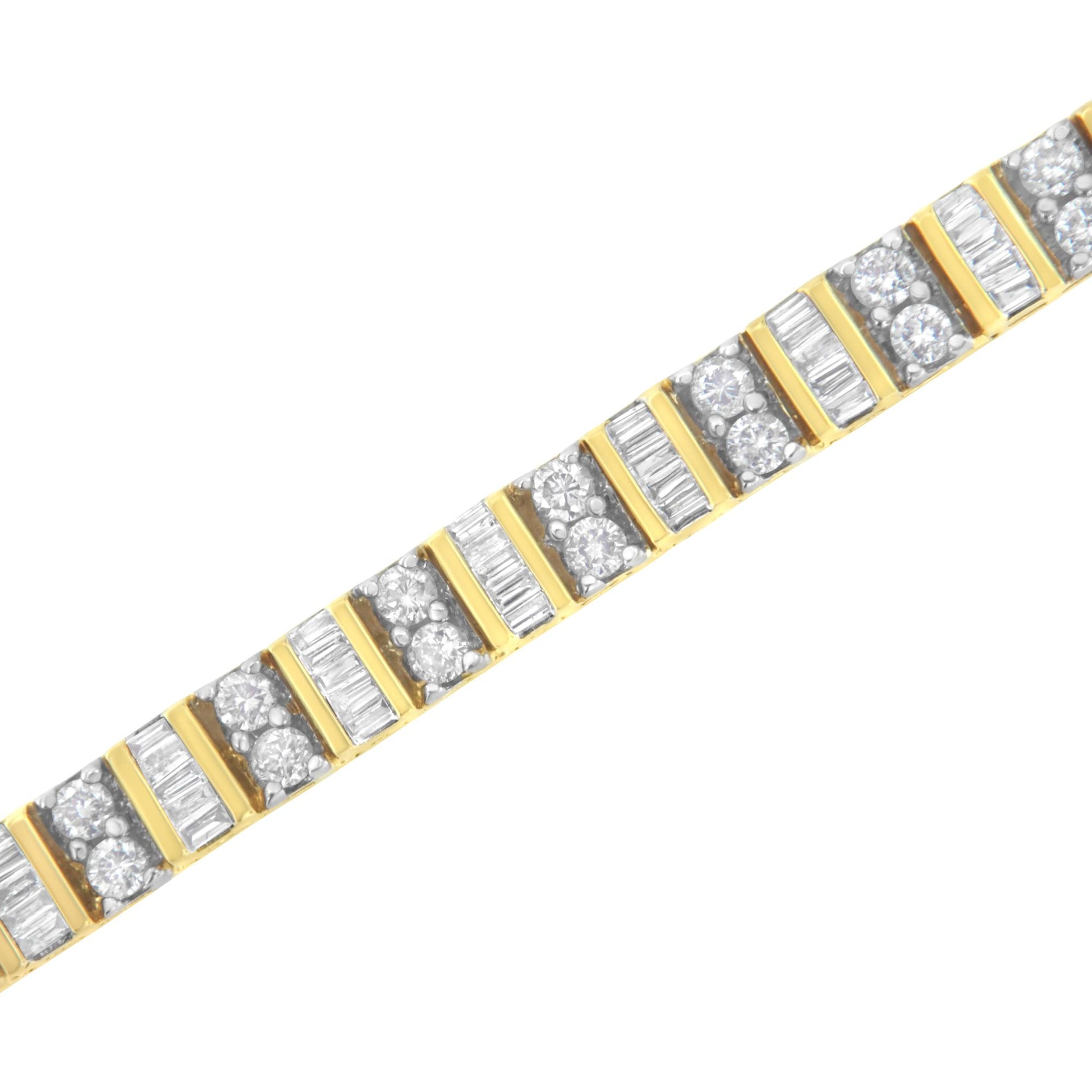 Diagonal close-up of a yellow bracelet alternating between round white gemstones in prong settings and baguette white gemstones in channel settings.