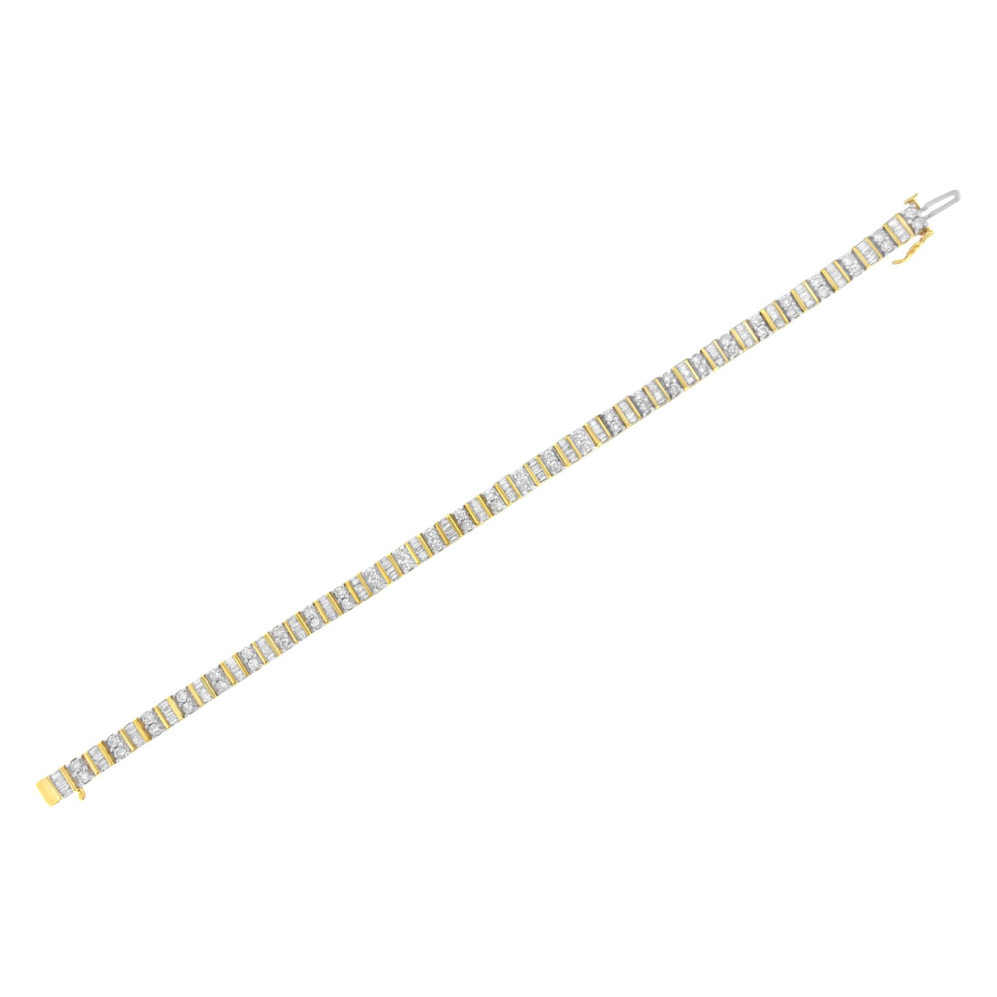 Yellow bracelet with alternating sections of round white gemstones in prong settings and baguette white gemstones in channel settings, shown flat at a slight angle.