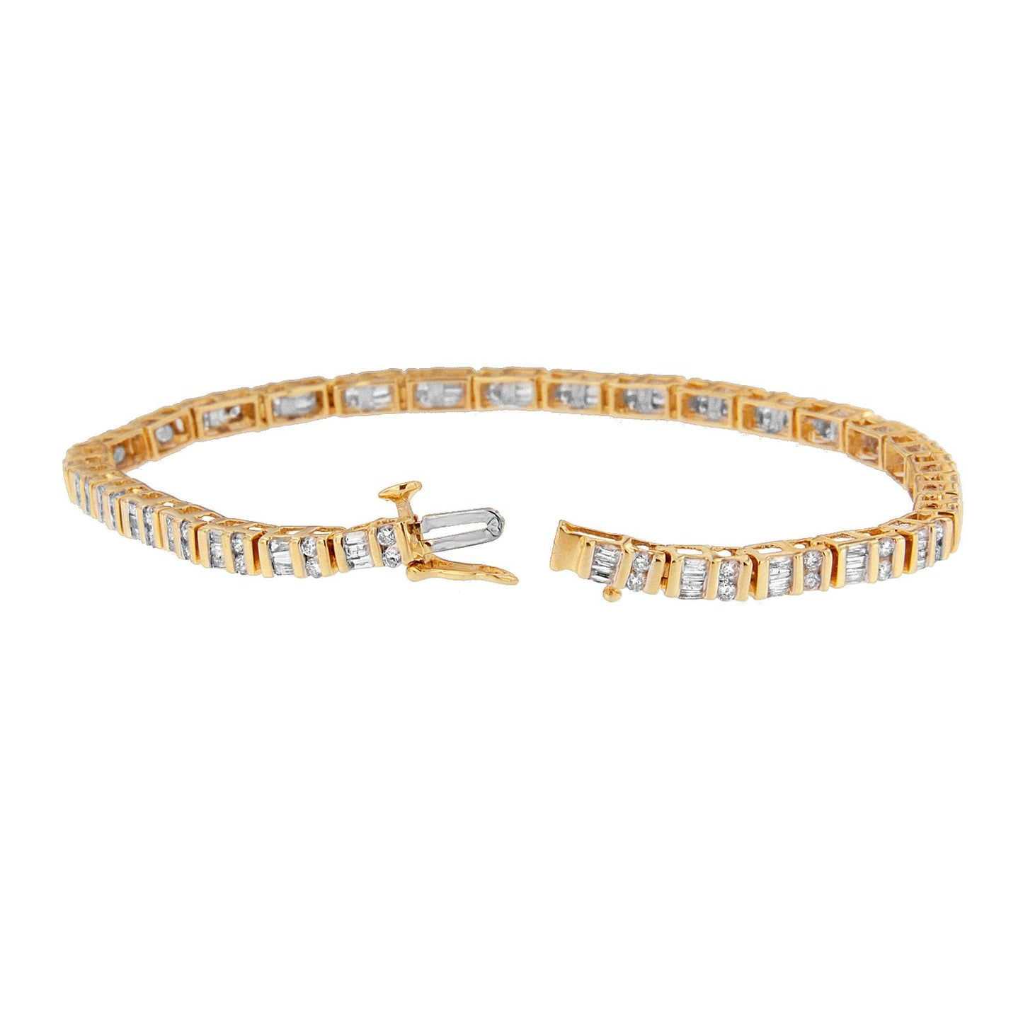 Yellow bracelet with alternating white round and baguette gemstones in channel setting, shown from a slightly angled top view with clasp open.