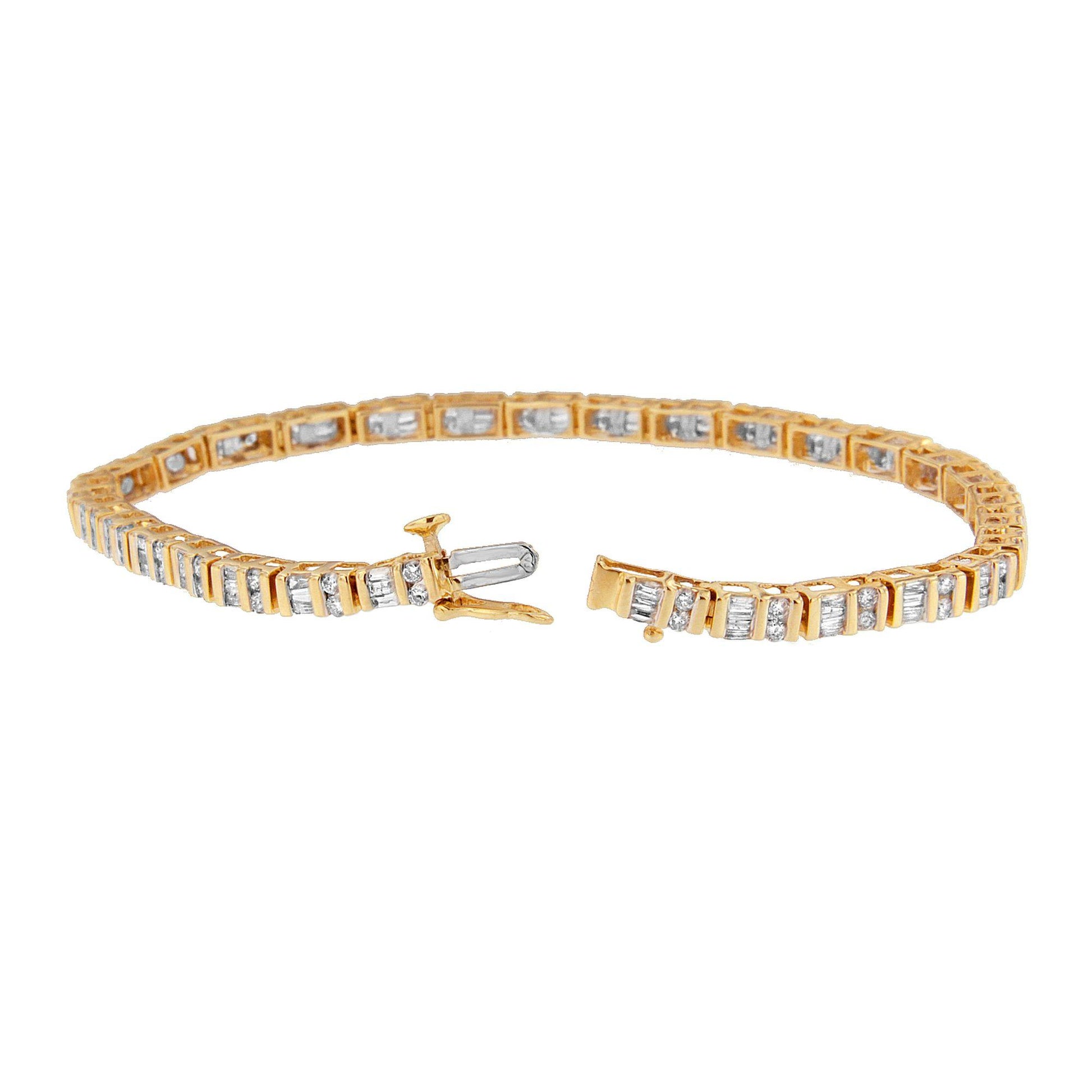 Yellow bracelet with alternating white round and baguette gemstones in channel setting, shown from a slightly angled top view with clasp open.