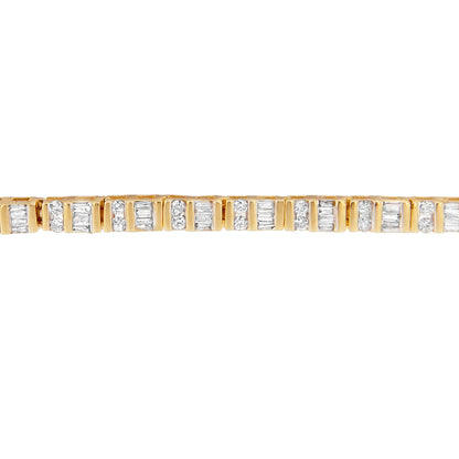 Close-up front view of a yellow bracelet featuring alternating rows of round and baguette white gemstones in channel settings.