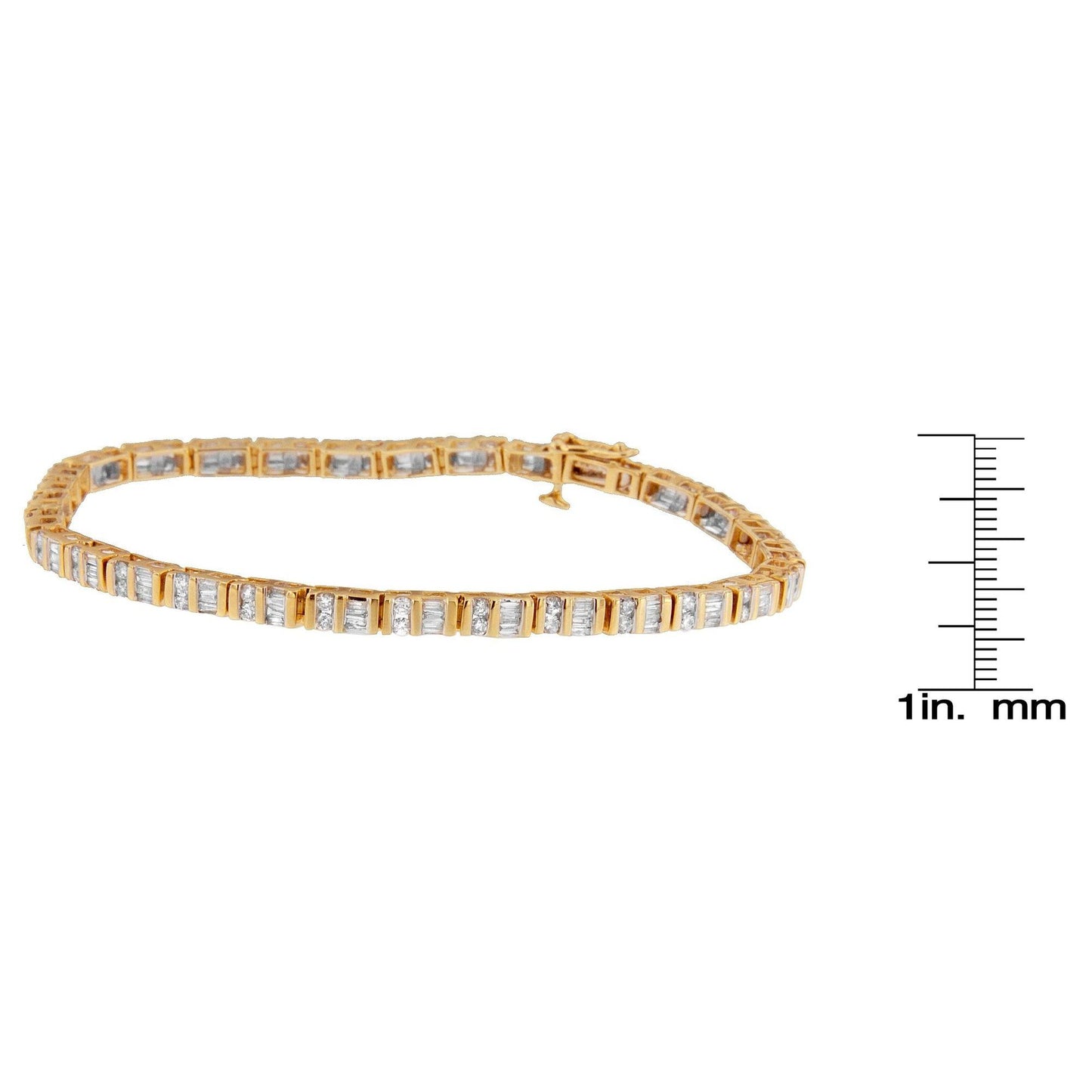 Yellow metal bracelet with alternating round and baguette white gemstones in channel settings, shown flat on a white background with a ruler for size reference, angled slightly from the side.