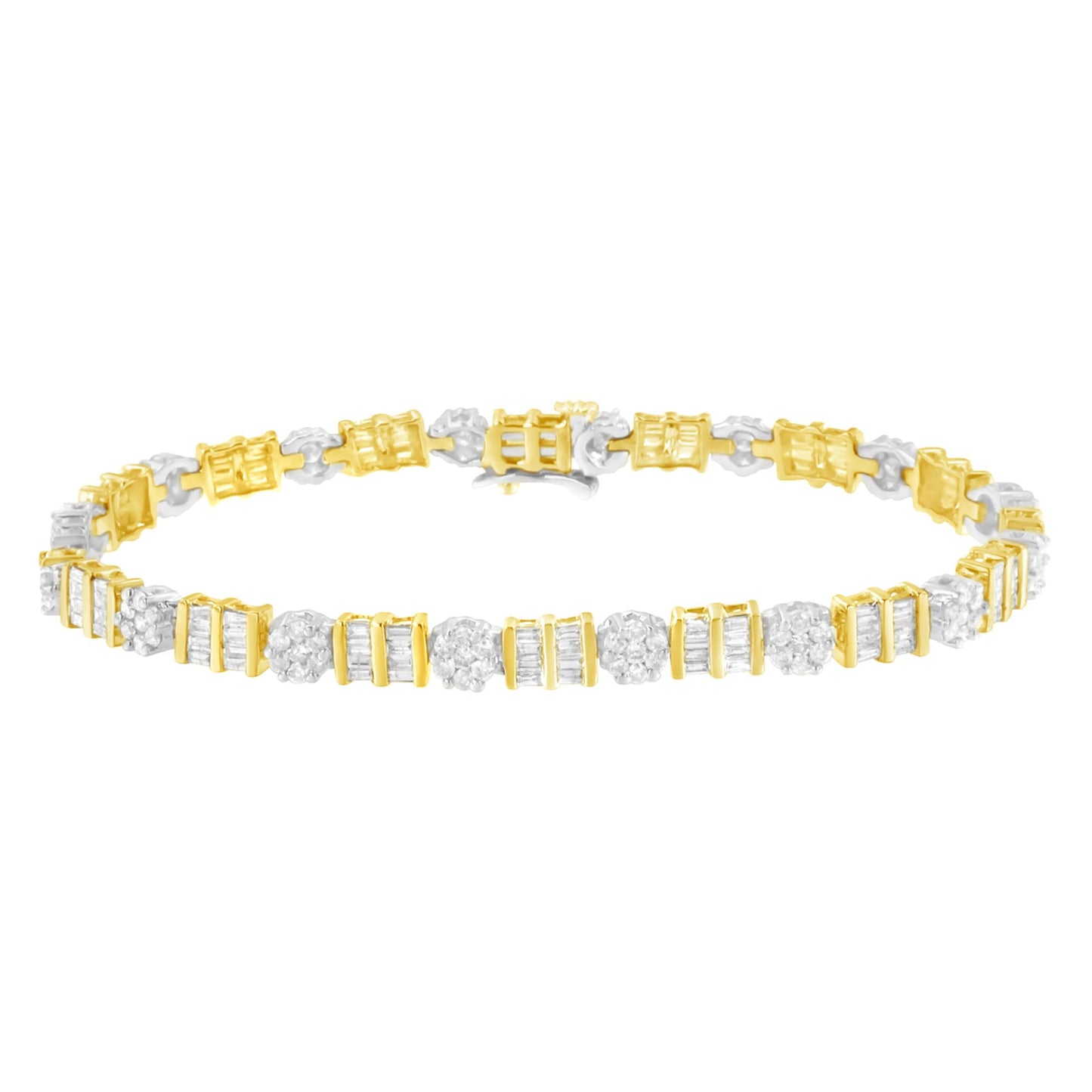 Bracelet with alternating round and baguette white gemstones set in yellow and white metal, shown in a flat front angle.