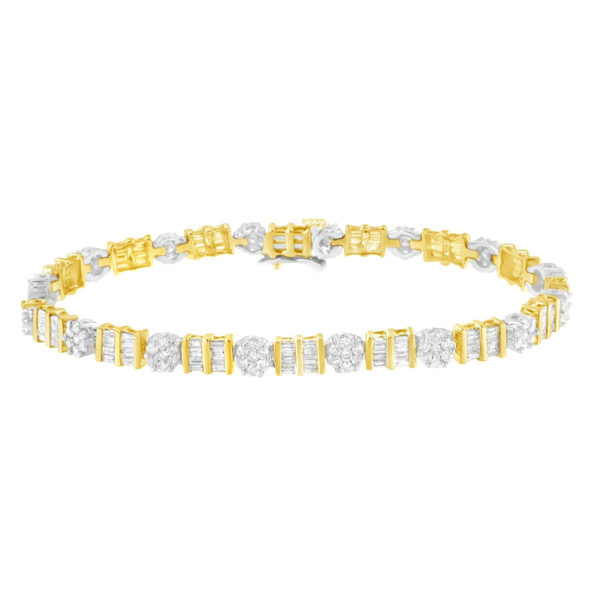 Bracelet with alternating round and baguette white gemstones set in yellow and white metal, shown in a flat front angle.