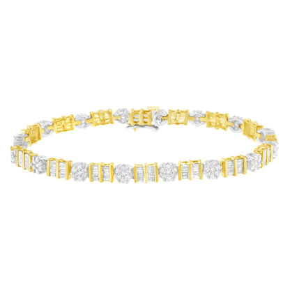 Bracelet with alternating round and baguette white gemstones set in yellow and white metal, shown in a flat front angle.