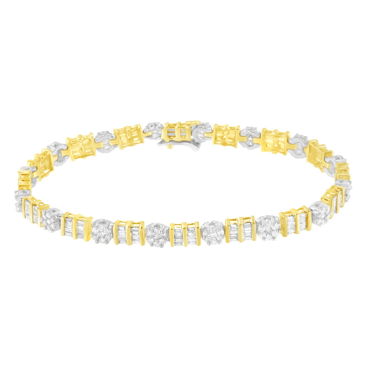 Close-up front angle of a yellow and white metal bracelet featuring alternating round prong-set white gemstones and baguette channel-set white gemstones.