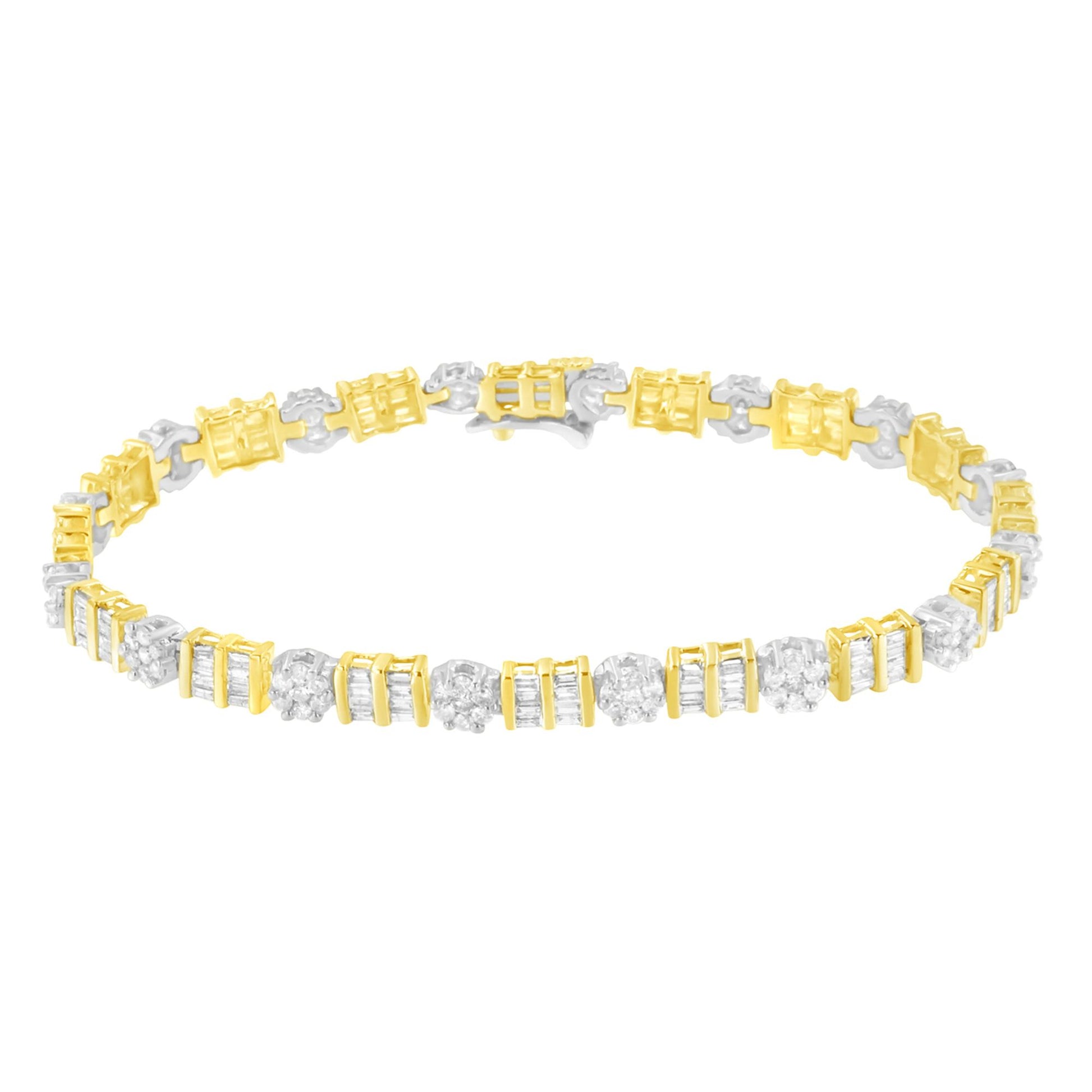 Close-up front angle of a yellow and white metal bracelet featuring alternating round prong-set white gemstones and baguette channel-set white gemstones.