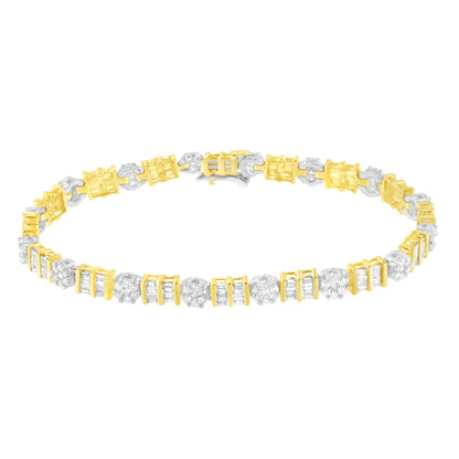 Close-up front angle of a yellow and white metal bracelet featuring alternating round prong-set white gemstones and baguette channel-set white gemstones.