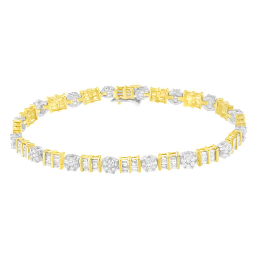 Close-up front angle of a yellow and white metal bracelet featuring alternating round prong-set white gemstones and baguette channel-set white gemstones.