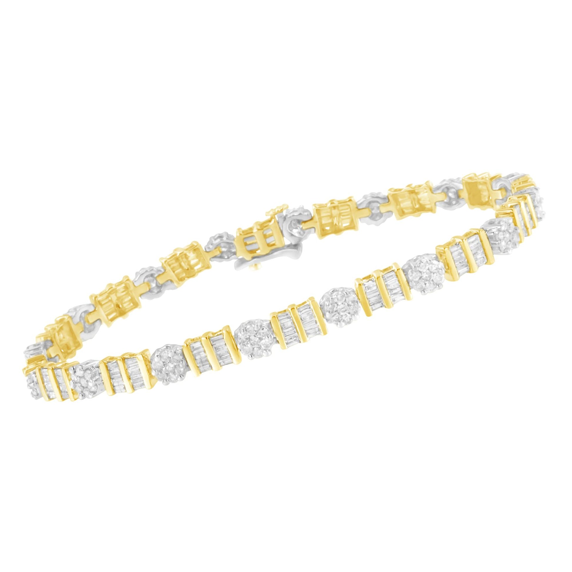 Close-up angled shot of a two-tone yellow and white bracelet featuring alternating round and baguette white gemstones in prong and channel settings.