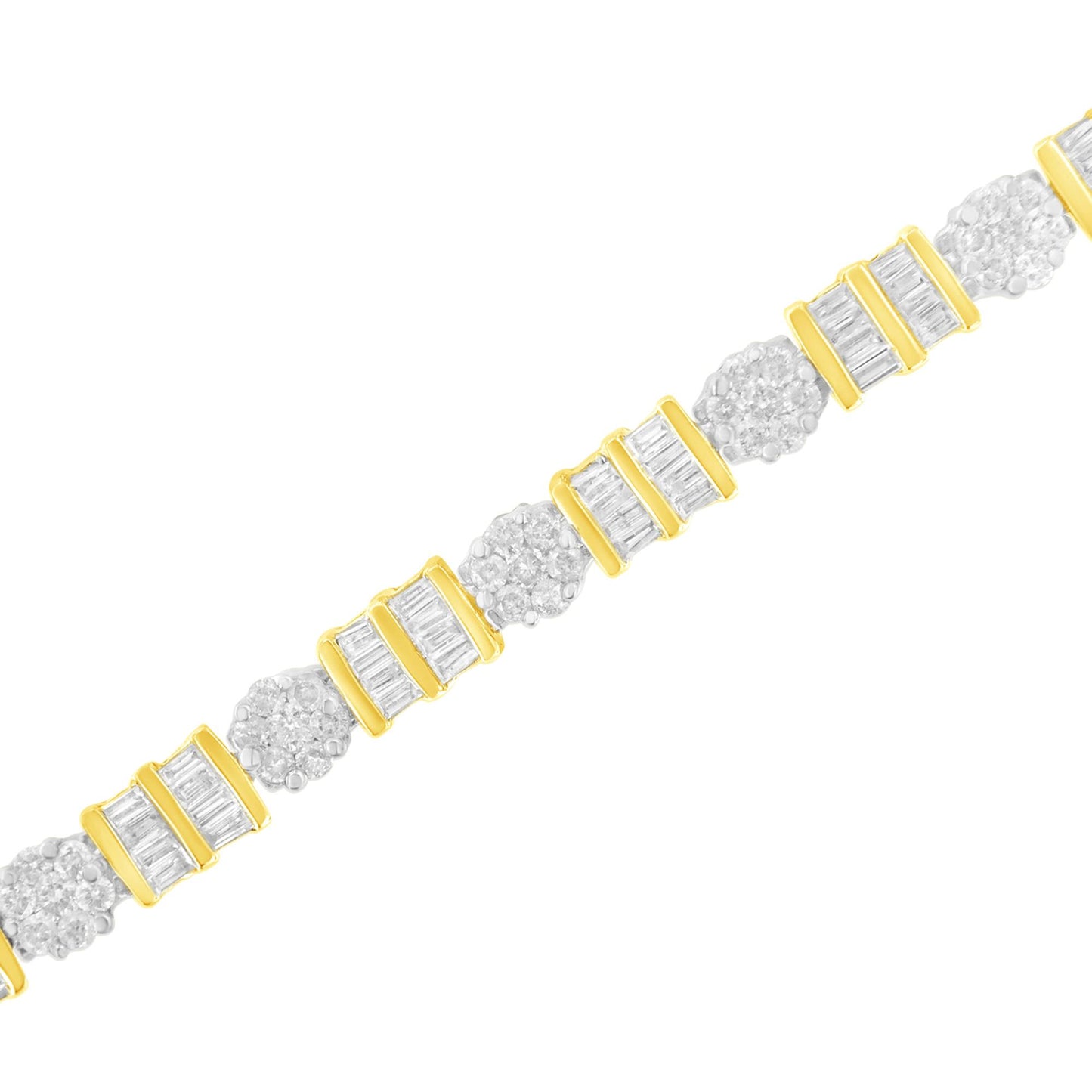 Bracelet with alternating clusters of round white gemstones in prong setting and rectangular white gemstones in channel setting, yellow and white metal, shown in a diagonal close-up view.