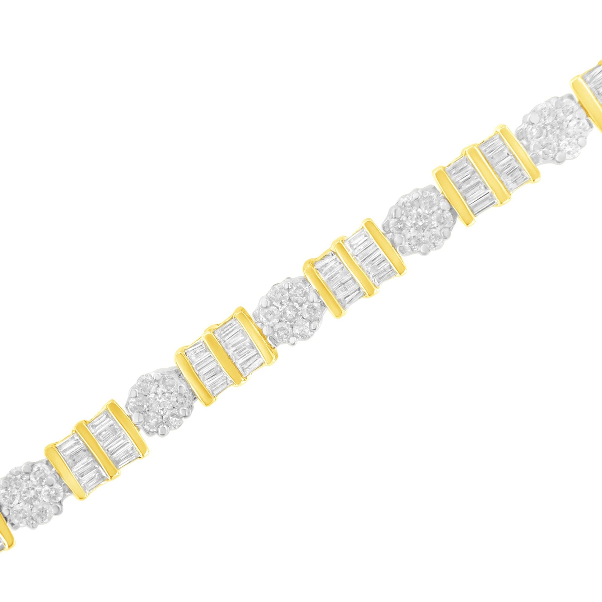Bracelet with alternating clusters of round white gemstones in prong setting and rectangular white gemstones in channel setting, yellow and white metal, shown in a diagonal close-up view.