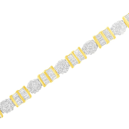 Bracelet with alternating clusters of round white gemstones in prong setting and rectangular white gemstones in channel setting, yellow and white metal, shown in a diagonal close-up view.