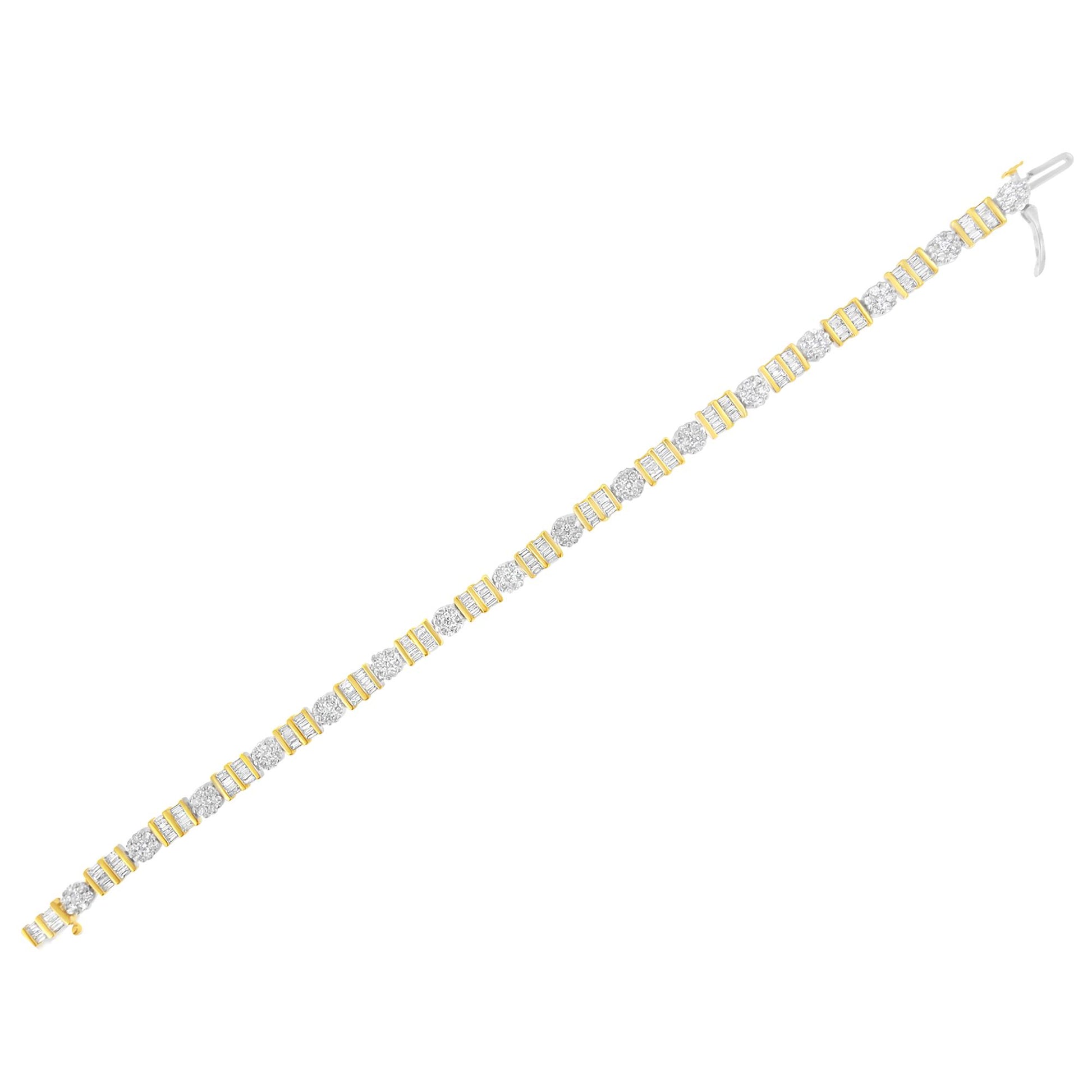 Bracelet with alternating round and baguette white gemstones set in yellow and white metal, shown in a flat angled top-down view.