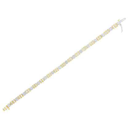 Bracelet with alternating round and baguette white gemstones set in yellow and white metal, shown in a flat angled top-down view.