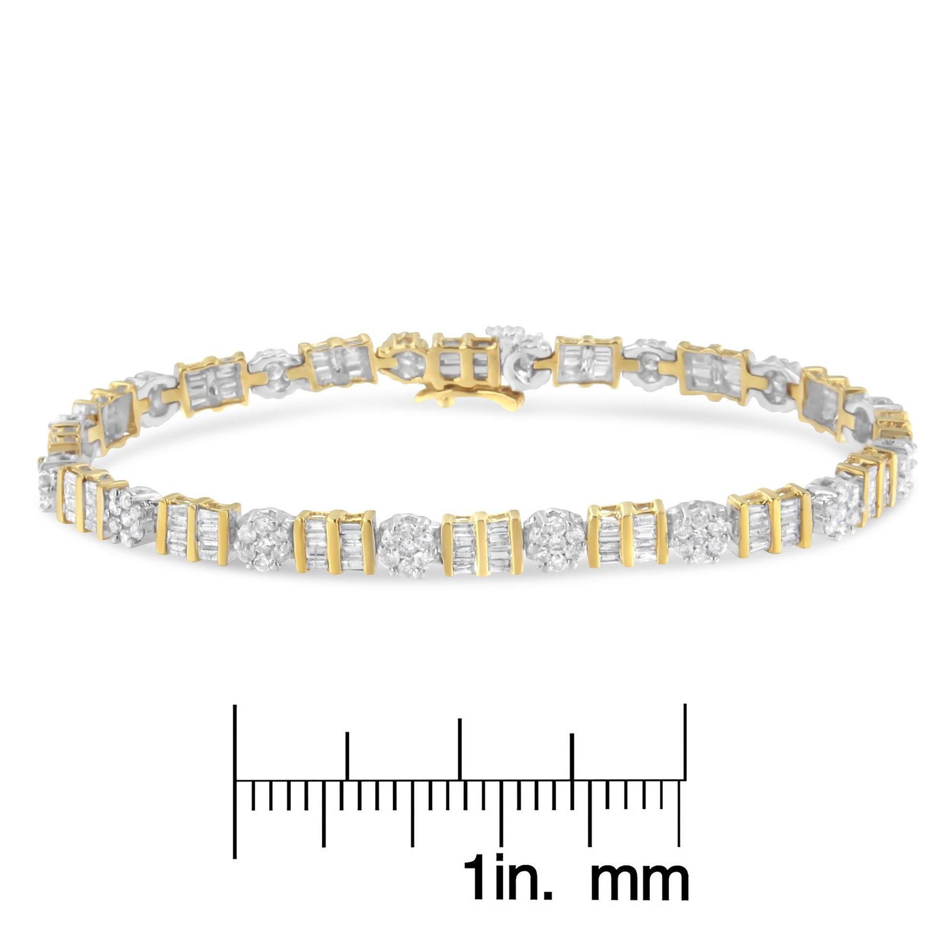 Close-up front view of a yellow and white metal bracelet with alternating round and baguette white gemstones, displayed above a ruler for size reference.