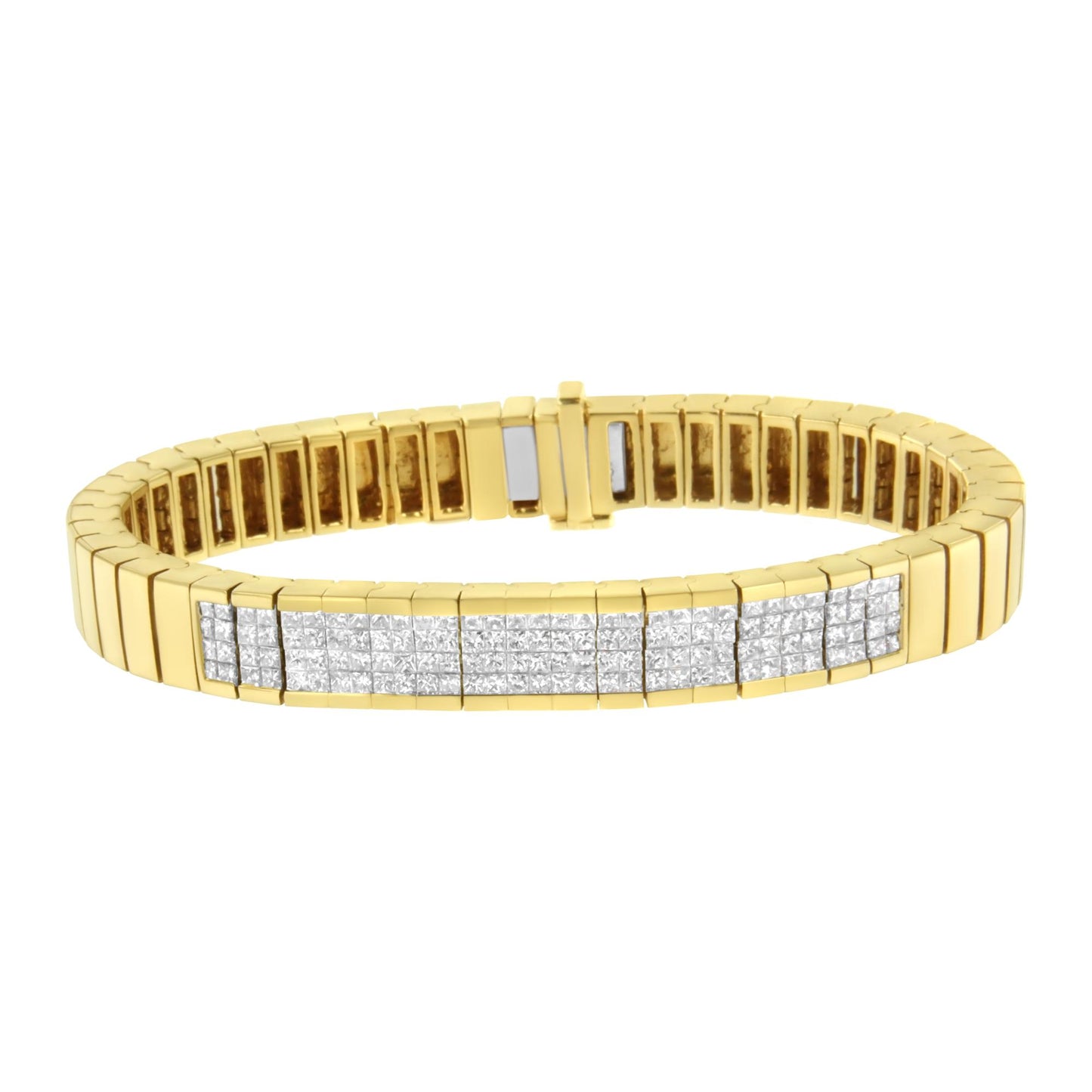 Yellow metal bracelet with multiple rows of white princess-shaped gemstones in an invisible setting, shown from a slightly elevated front angle.