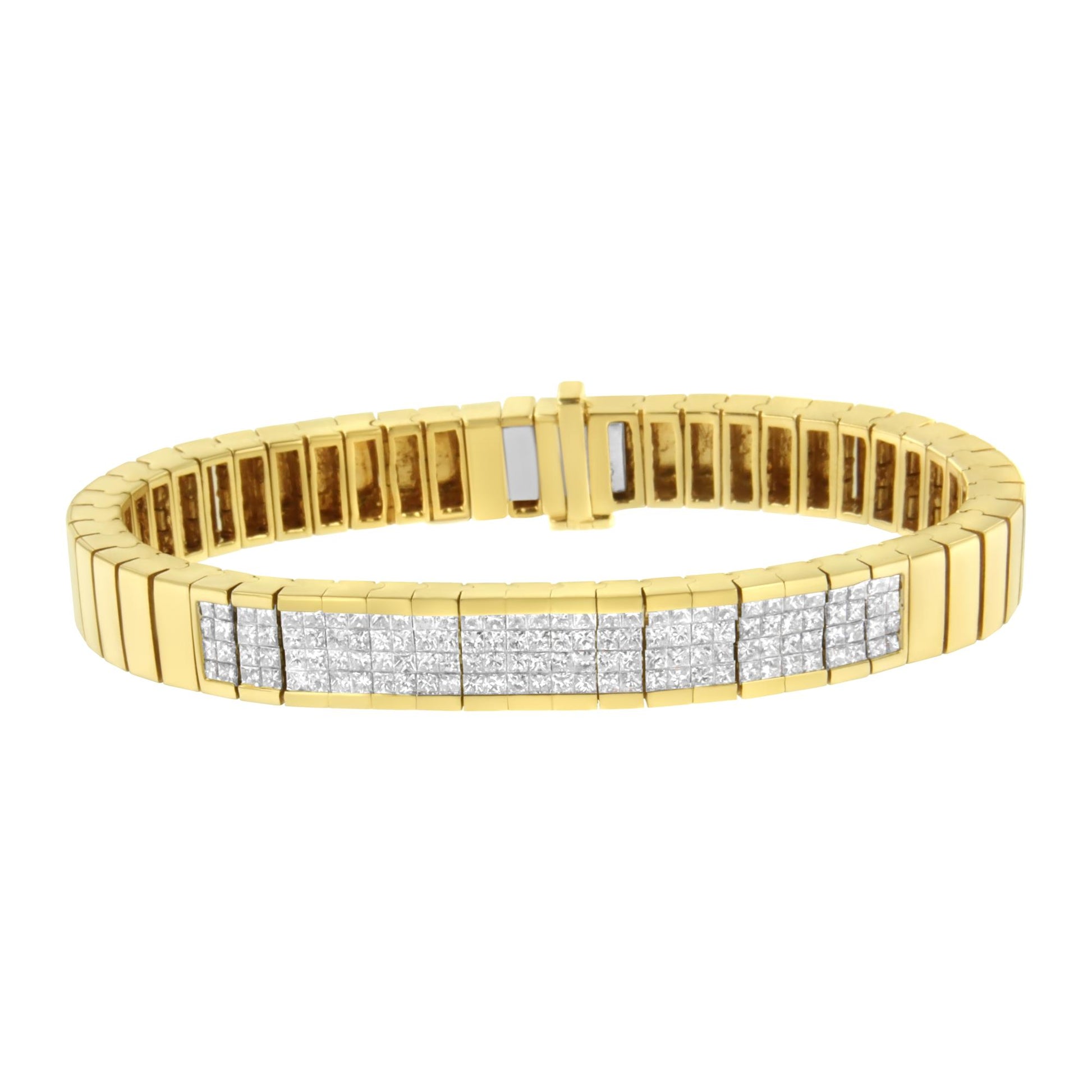 Yellow metal bracelet with multiple rows of white princess-shaped gemstones in an invisible setting, shown from a slightly elevated front angle.