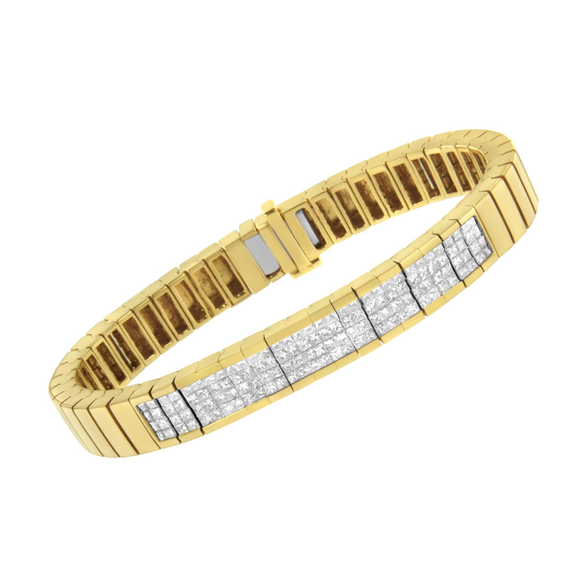 Yellow metal bracelet viewed from a side angle with a center section featuring multiple rows of white princess-shaped gemstones in an invisible setting.