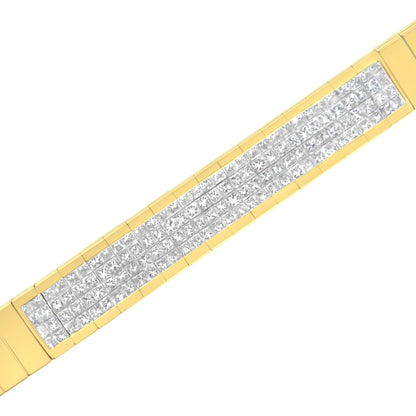 Close-up angled view of a yellow bracelet featuring rows of princess-shaped white gemstones in an invisible setting.