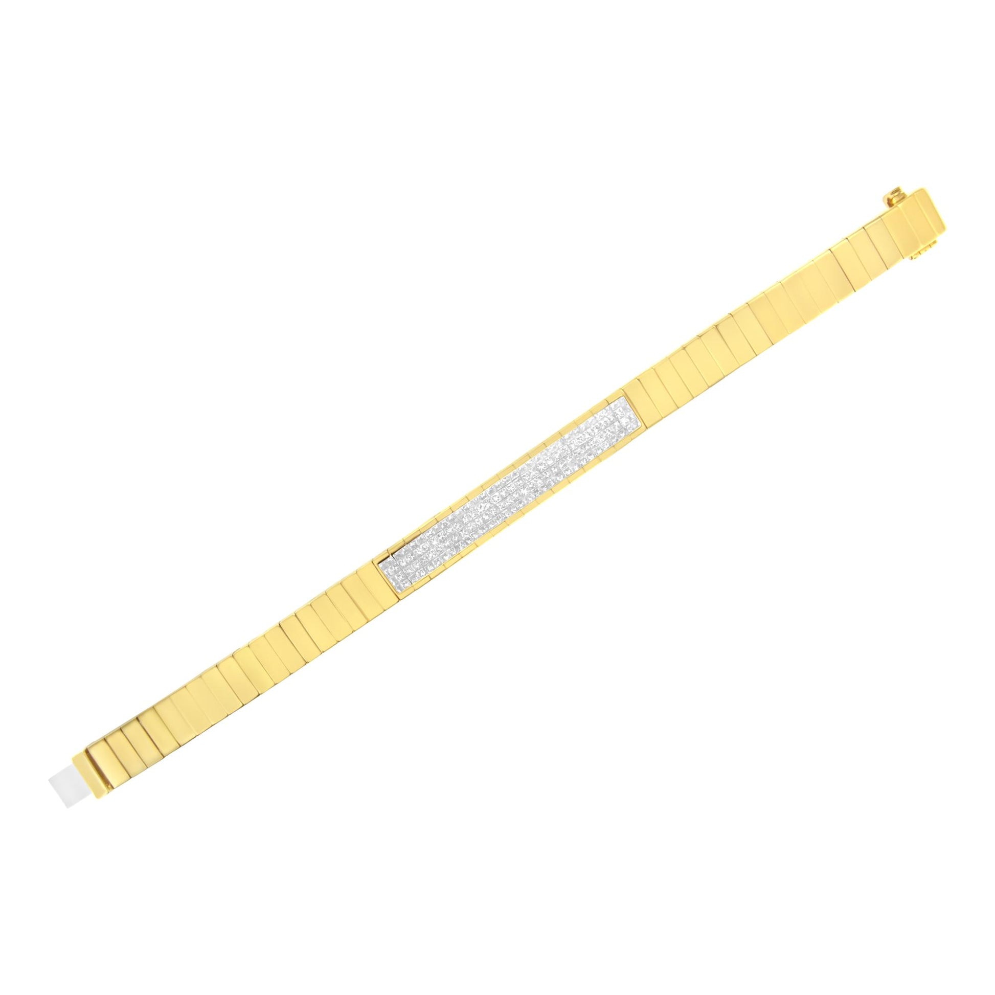 Straight yellow bracelet with a central section set with square white gemstones in an invisible setting, shown from above on a white background.