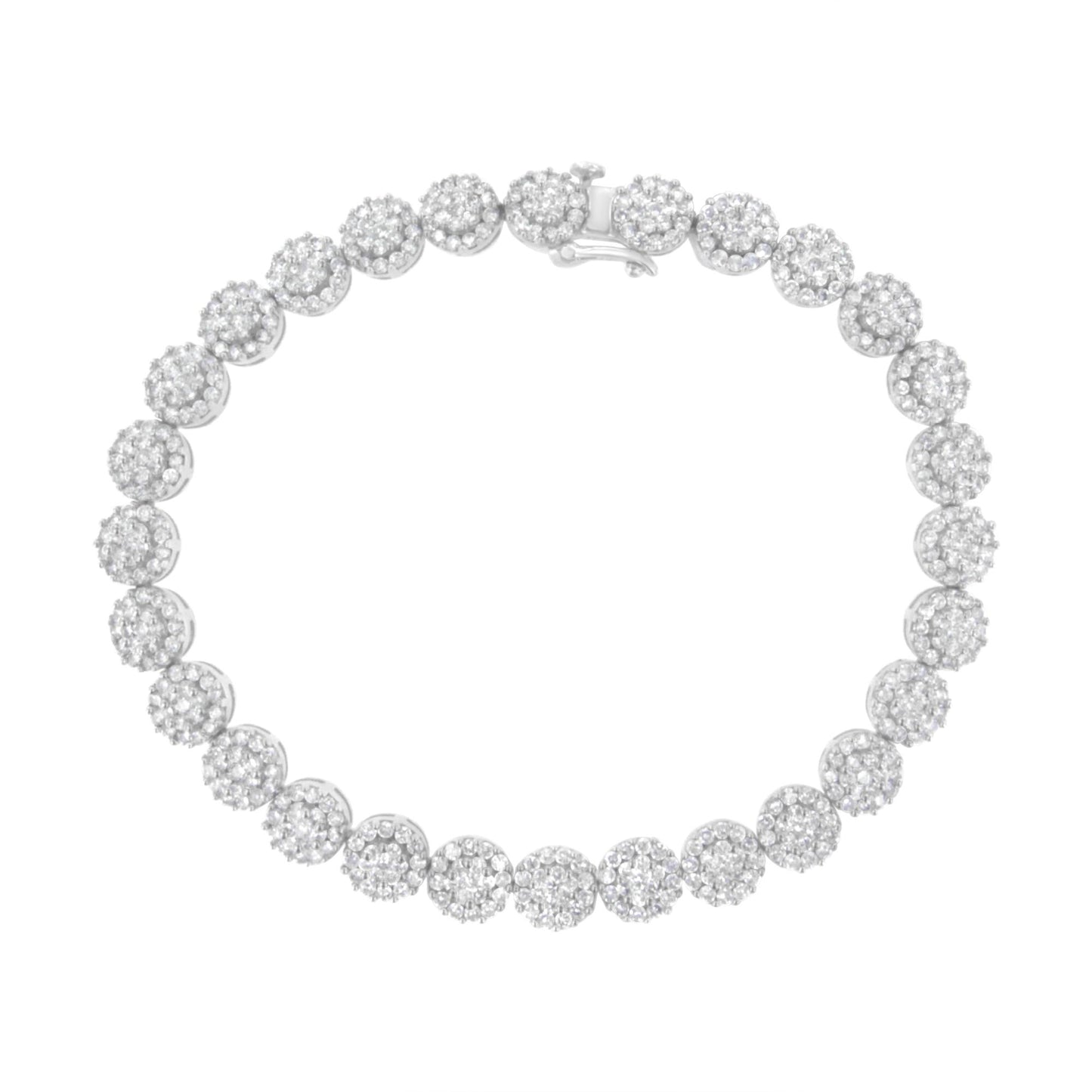 Top-down view of a white metal bracelet with round clusters of white gemstones in prong settings forming a circle.