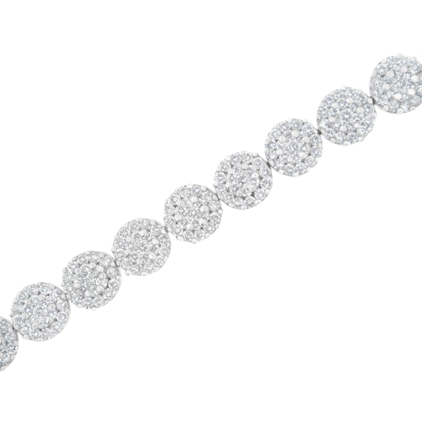 Diagonal close-up of a white metal bracelet with round clusters of white gemstones in prong settings.