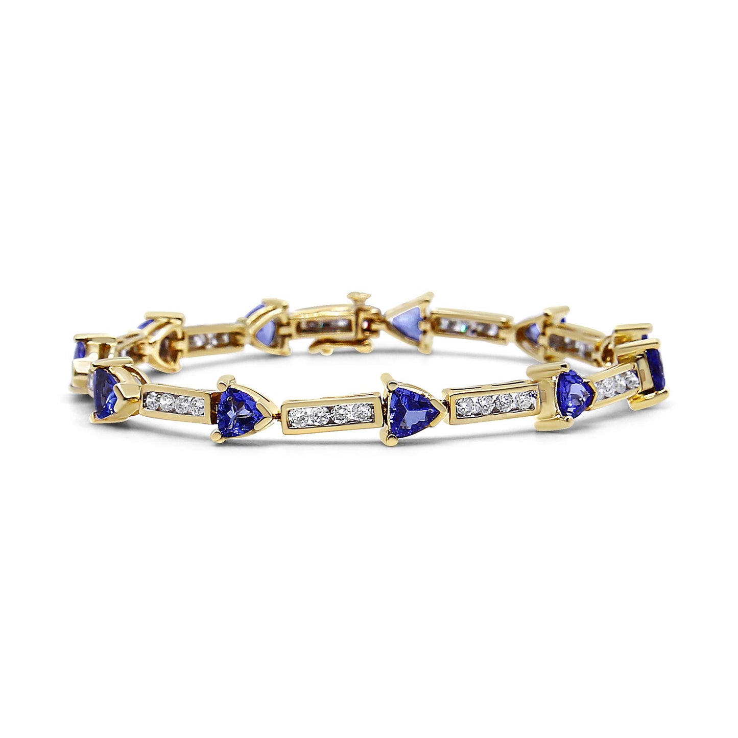 Yellow bracelet with alternating blue trillion-shaped gemstones in prong settings and rectangular sections with channel-set round white gemstones, shown in a front angle view.