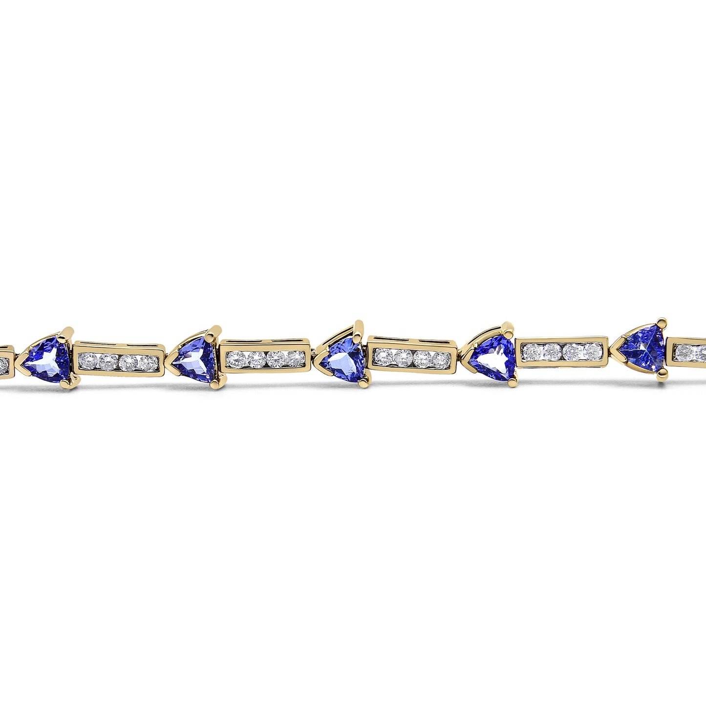 Yellow metal bracelet with alternating blue trillion-shaped gemstones in prong settings and rectangular segments with round white gemstones in channel settings, shown in a close-up horizontal angle.