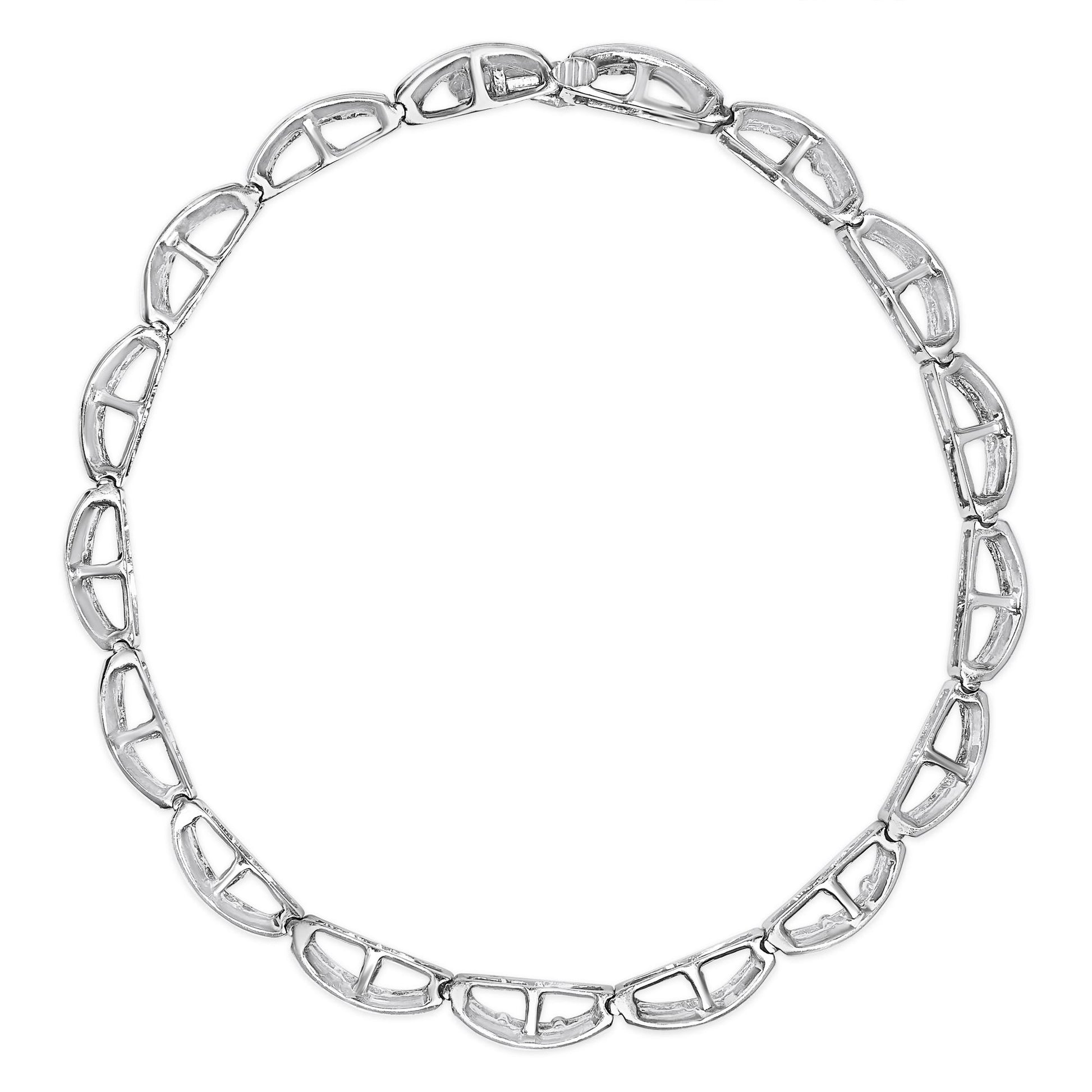 Top-down view of a white metal bracelet with linked segments, each set with small round white gemstones in a channel setting.