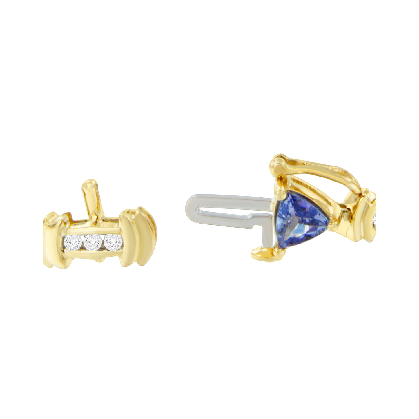 Close-up front and side view of a yellow bracelet clasp featuring white round gemstones in a channel setting and a blue trillion-shaped gemstone in a prong setting.