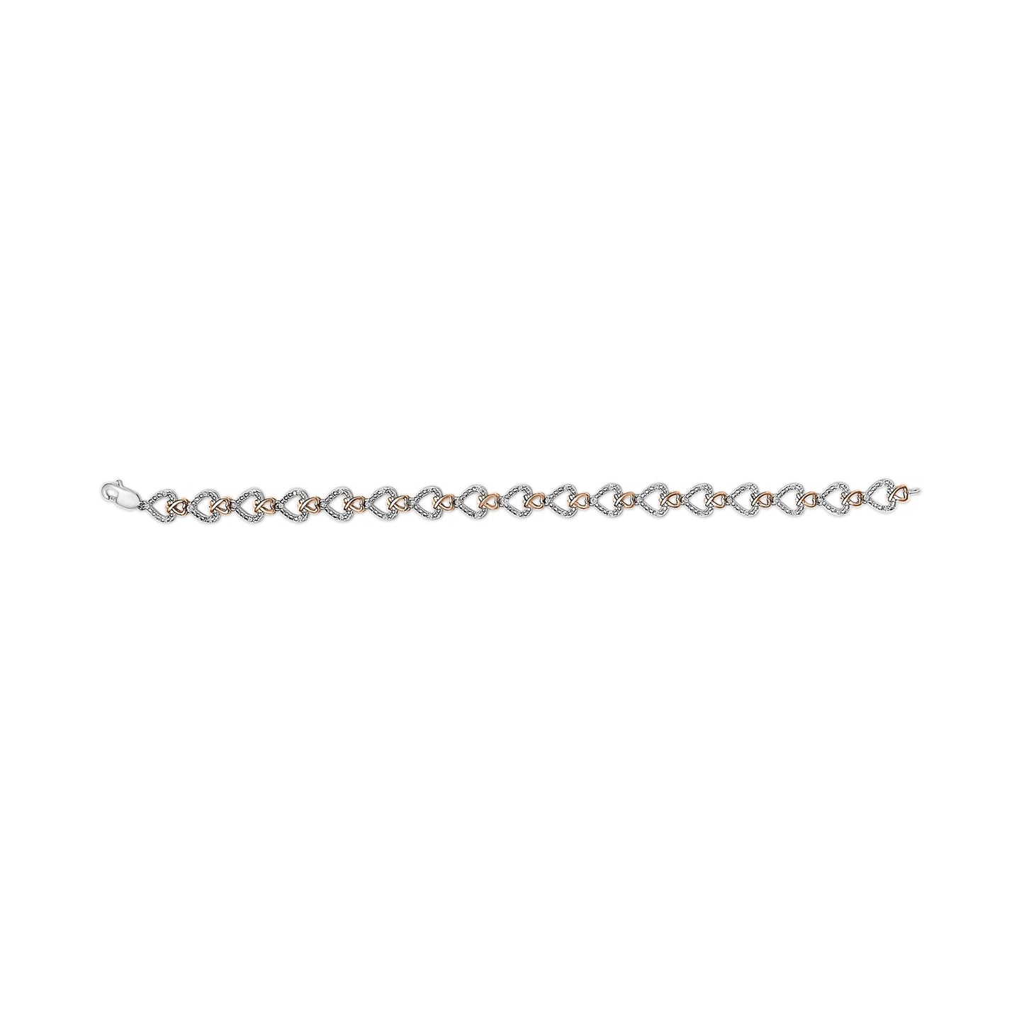 Bracelet with alternating white and rose metal heart shapes, white gemstones in pave setting on white hearts, shown in a flat lay from a top-down angle.
