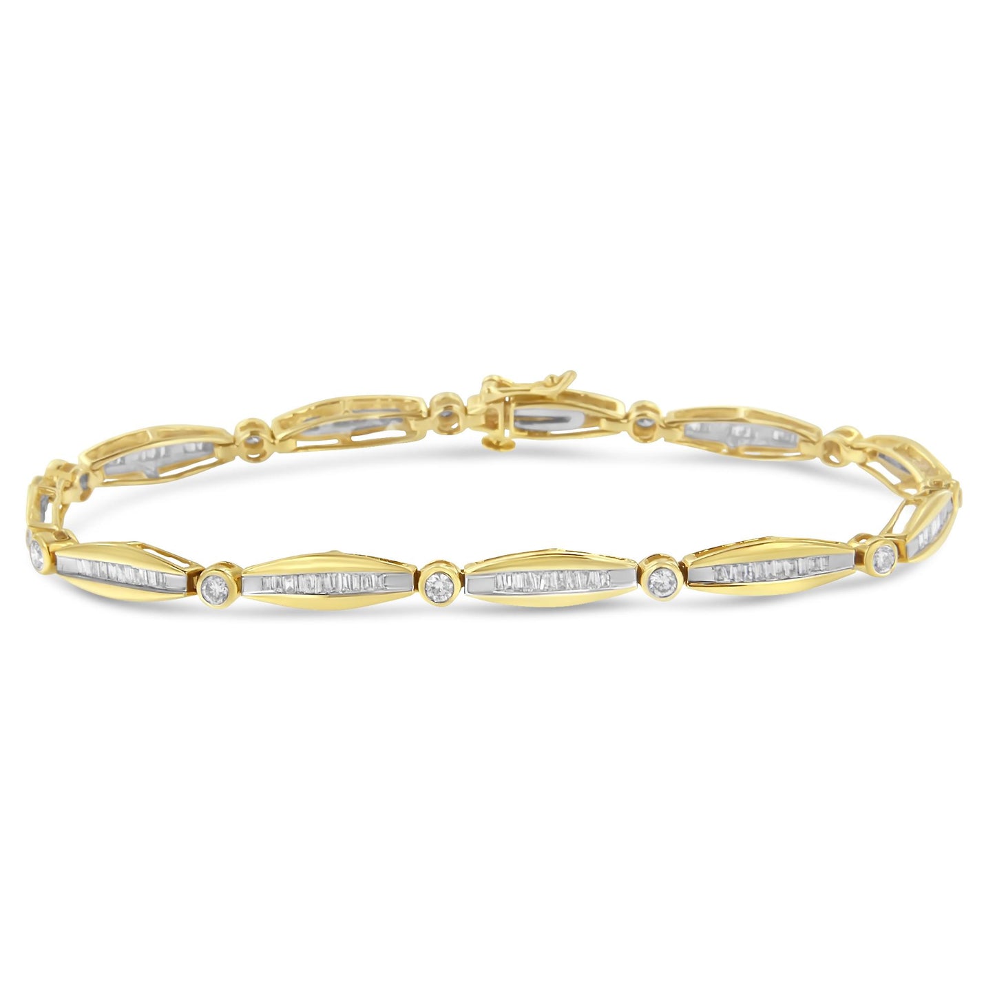 Yellow metal bracelet with alternating round and baguette white gemstones, shown in a front-facing close-up angle.