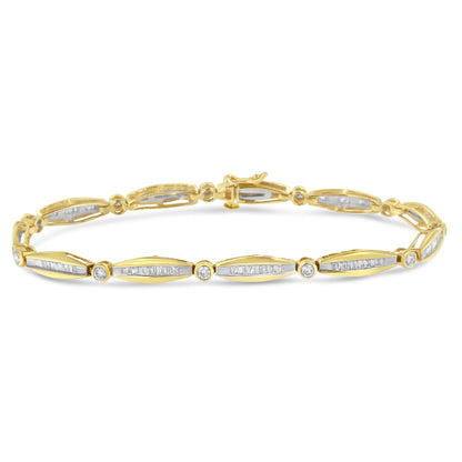 Yellow metal bracelet with alternating round and baguette white gemstones, shown in a front-facing close-up angle.