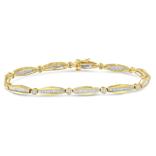 Yellow metal bracelet with alternating round and baguette white gemstones, shown in a front-facing close-up angle.