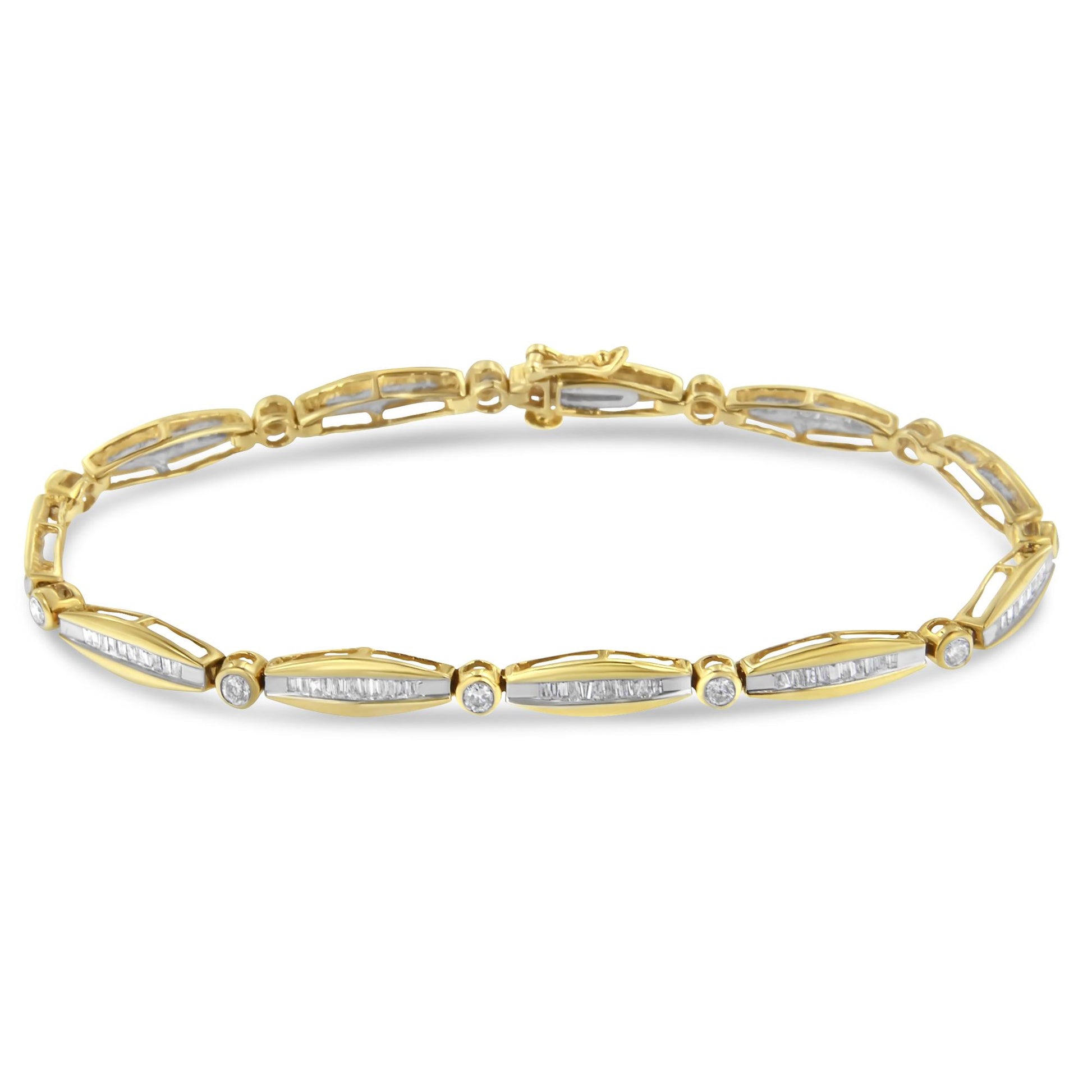 Close-up front view of a yellow bracelet featuring alternating round bezel-set white gemstones and elongated sections with channel-set baguette white gemstones.