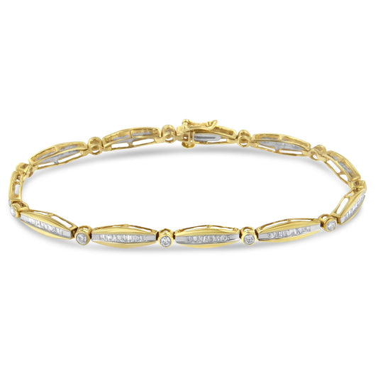 Close-up front view of a yellow bracelet featuring alternating round bezel-set white gemstones and elongated sections with channel-set baguette white gemstones.