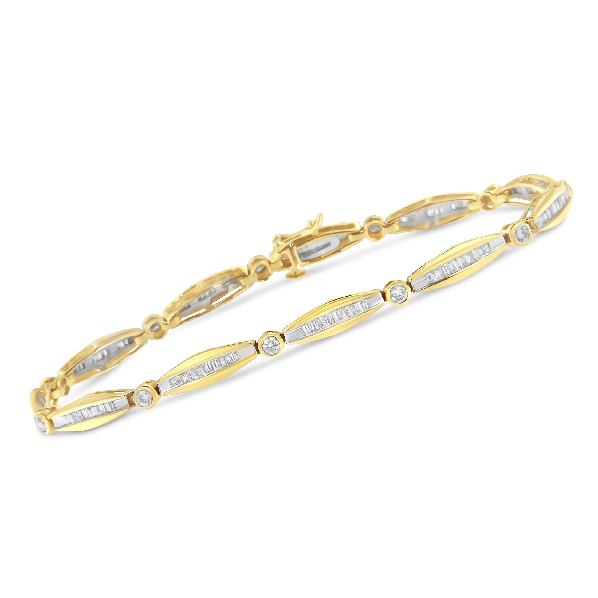 Yellow bracelet with alternating bezel-set round white gemstones and channel-set baguette white gemstones, shown from a top angled view.