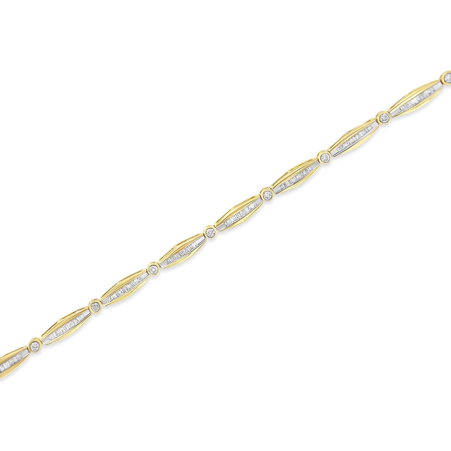 Diagonal flat lay of a yellow bracelet with alternating round bezel-set white gemstones and elongated sections of channel-set baguette white gemstones.