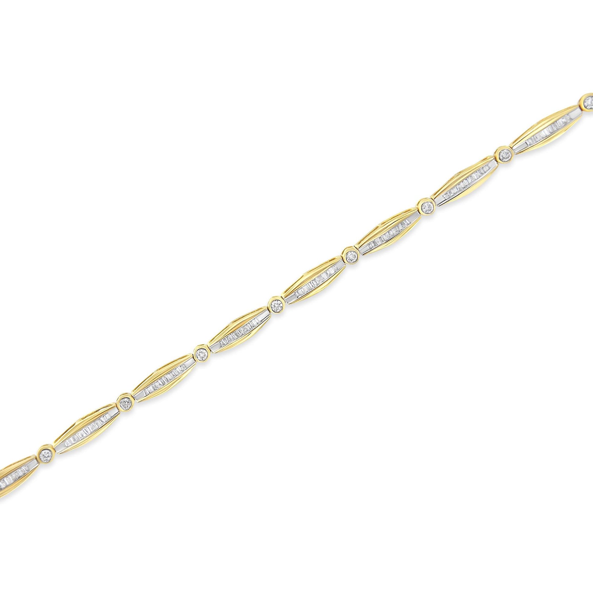 Diagonal flat lay of a yellow bracelet with alternating round bezel-set white gemstones and elongated sections of channel-set baguette white gemstones.