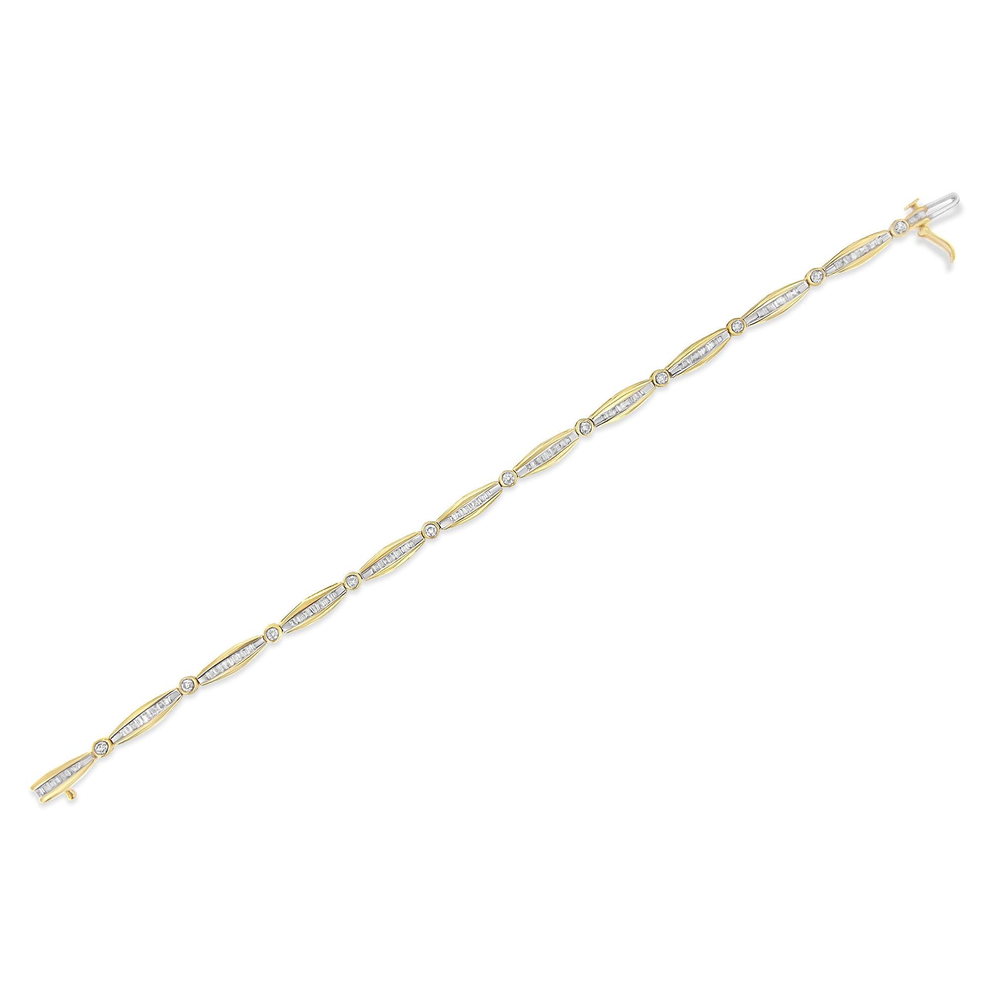 Yellow bracelet shown from above with alternating sections of channel-set baguette white gemstones and bezel-set round white gemstones.
