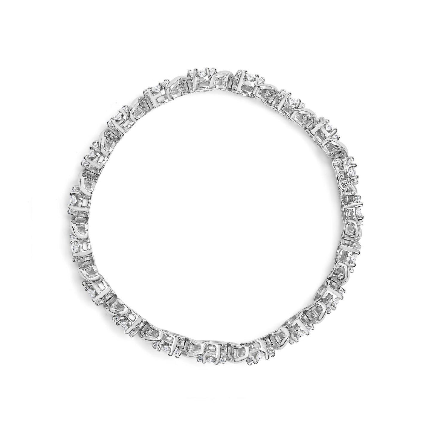 Top-down view of a white metal bracelet with round white gemstones in prong settings forming a continuous circle.