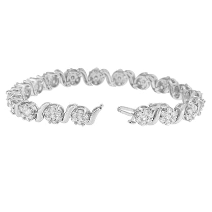 White metal bracelet with round white gemstones set in prongs, shown in a front angled view.